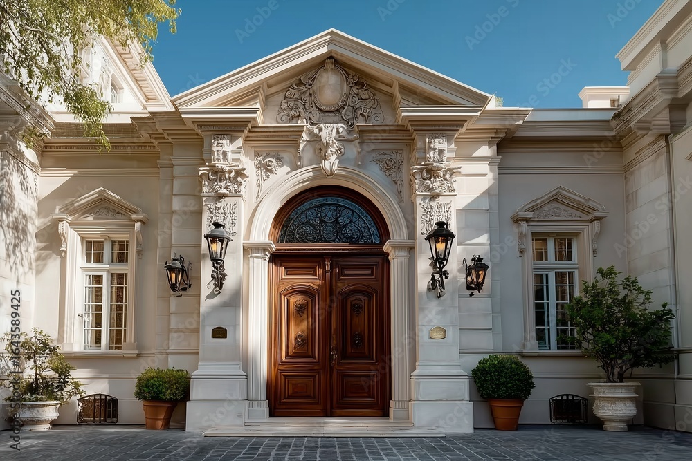 Obraz premium Grand European Mansion Entrance with Ornate Wooden Door and Classic Architectural Details