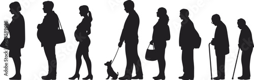 Silhouettes of diverse people standing in a row, various ages and life stages, including pregnancy, elderly with canes, and person walking dog, vector illustration