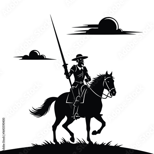Vector art of silhouette of don quixote riding a horse with a lance isolated on white background