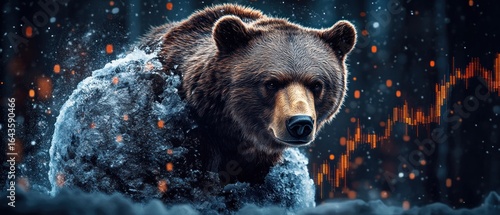 A Grizzly Bear in the Snow with an Orange Stock Market Graph