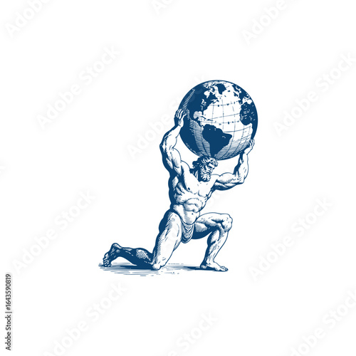 Atlas kneeling on one knee lifting the globe engraving logo design template illustration