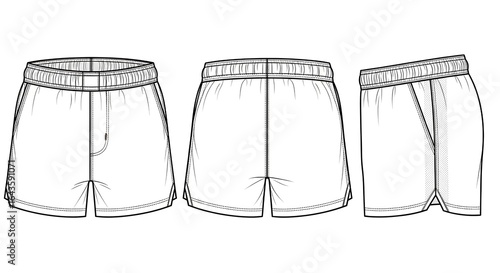 Men's boxer shorts technical flat fashion sketch template. Apparel vector illustration of an underwear garment with front, back, and side views.