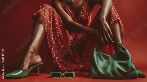Fashion model sitting on red background, wearing red dotted dress and green high heels, holding a green handbag, with green sunglasses next to her feet, showcasing latest fashion trends