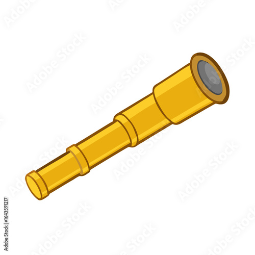 A classic brass spyglass telescope with a brown rim and grey lens isolated on a black background