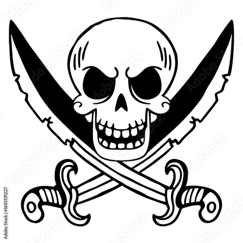 A classic black and white illustration of a skull with crossed swords symbolizing piracy and danger