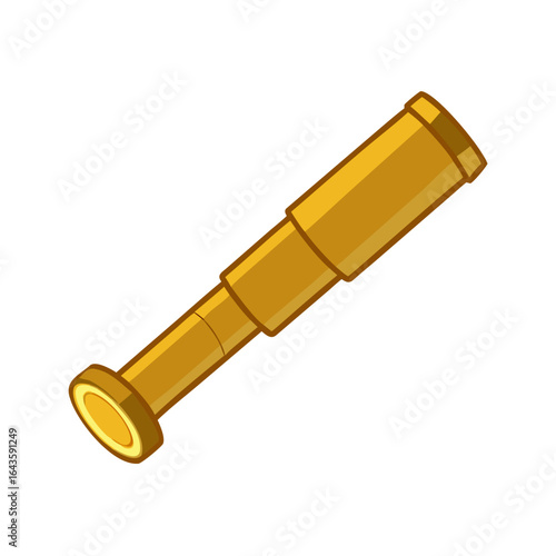 A simple cartoon illustration of a golden brass spyglass telescope isolated on a black background