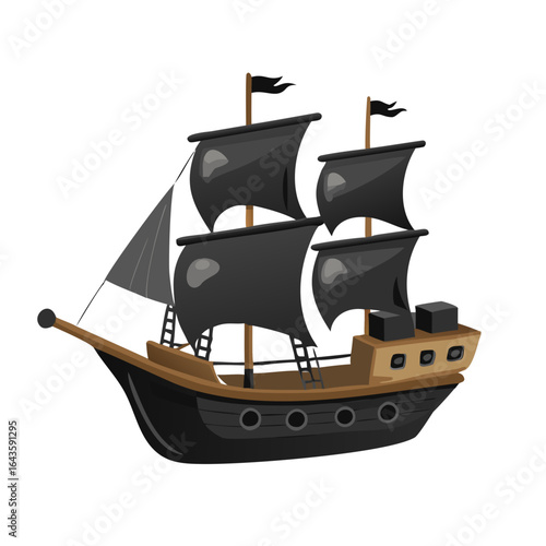 A stylized cartoon illustration of a pirate ship with black sails and a wooden hull against a black background