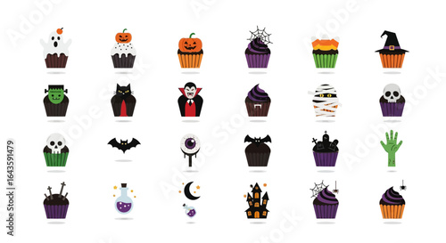 Halloween Icons Set of A Spooky Assortment of Halloween Cupcakes and Icons in a Flat Vector Style. Vector Illustrations. EPS Editable