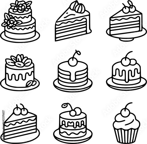 A collection of black line icons of cakes and desserts, including layered cakes, cake slices, pancakes, cupcakes, and decorated cakes with fruit toppings.