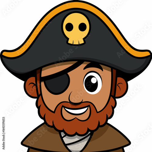 Friendly cartoon pirate character with eyepatch and skull hat smiling happily