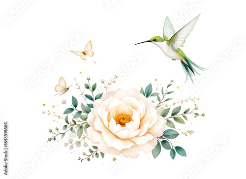 Watercolor illustration of a white peony hummingbird and butterflies isolated on a transparent background.