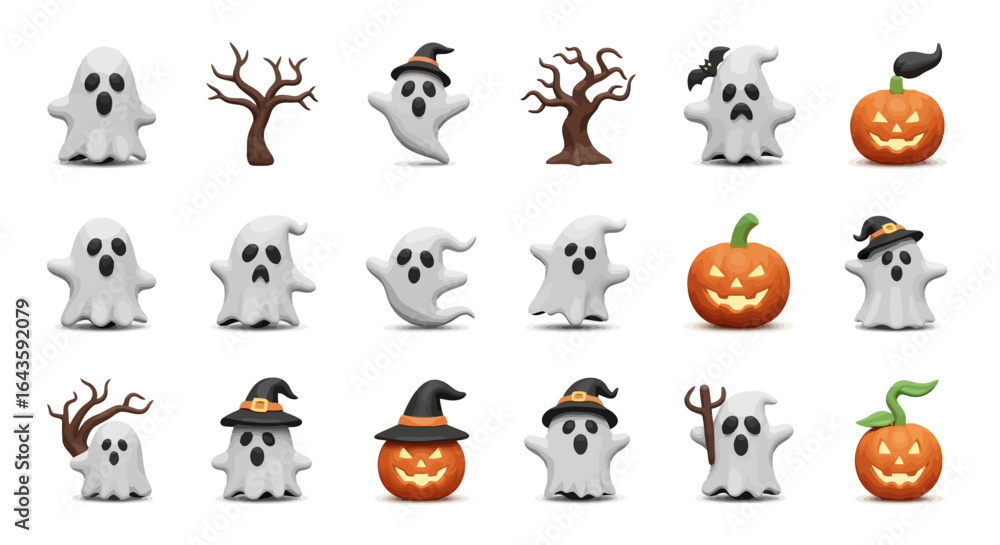 Fototapeta premium Halloween Icons Set of Charming 3D Halloween Icon Set Playful Ghosts Glowing Pumpkins and Spooky Trees. Vector Illustrations. EPS Editable
