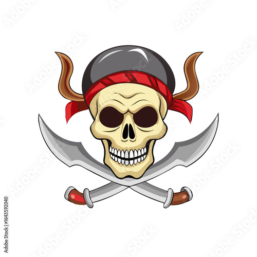 Stylized pirate skull with crossed sabers and red bandana on a black background vector illustration