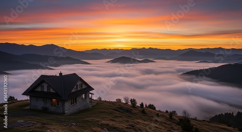 Mountain house sunrise clouds landscape scenic view