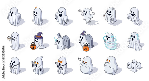 Halloween Icons Set of Charming Isometric Ghost Collection Spooky and Cute Halloween Character Set. Vector Illustrations. EPS Editable