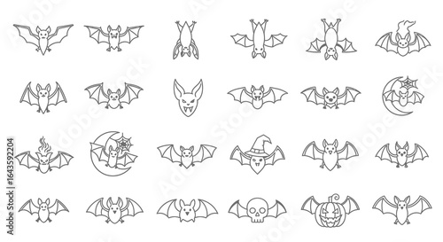Halloween Icons Set of Collection of Cute and Spooky Halloween Bat Line Art Icons and Characters. Vector Illustrations. EPS Editable