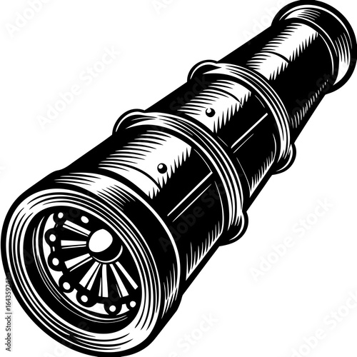 Vintage telescope or spyglass illustration in black and white engraving style