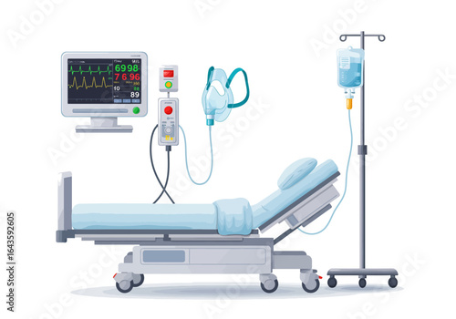 Intensive care unit concept with an empty hospital bed, vital signs monitor, and life support equipment for patient treatment.