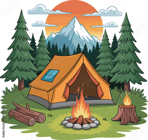 Orange camping tent, forest campsite, campfire, mountain background, sunset sky, adventure travel, outdoor nature, wilderness trip, peaceful evening