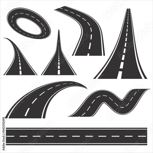 Set of isolated road and highway elements. Vector graphics of winding, straight, and curved paths for travel concepts.