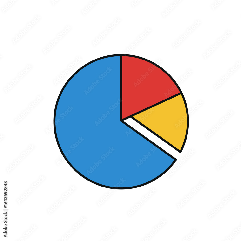 Fototapeta premium A pie chart icon with three segments in blue, red, and yellow, with one slice slightly separated.