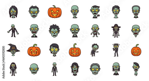 Halloween Icons Set of Diverse Set of Cartoon Zombie Avatars and Spooky JackoLantern Icons for Halloween. Vector Illustrations. EPS Editable