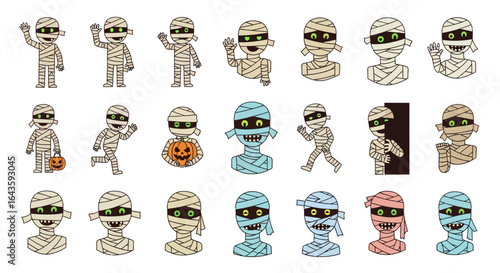 Halloween Icons Set of Expressive Cartoon Mummy Character Set with Glowing Eyes and Diverse Poses. Vector Illustrations. EPS Editable