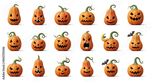 Halloween Icons Set of Expressive 3D Halloween JackoLanterns A Diverse Collection of Spooky and Goofy Pumpkin Faces on White. Vector Illustrations. EPS Editable