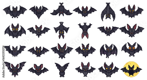 Halloween Icons Set of Expressive Pixel Art Bat Sprites A Diverse Halloween Character Collection. Vector Illustrations. EPS Editable