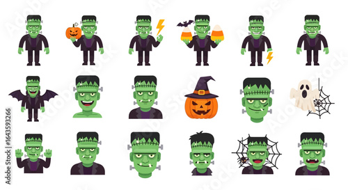 Halloween Icons Set of Frankensteins Monster Character Set Poses Emotions and Halloween Icons. Vector Illustrations. EPS Editable