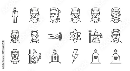 Halloween Icons Set of Frankensteins Monster Creation Story in a Minimalist Line Art Icon Set. Vector Illustrations. EPS Editable