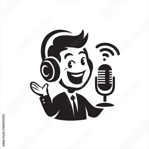 Black and White Illustration of Cartoon Podcaster Speaking vector illustration