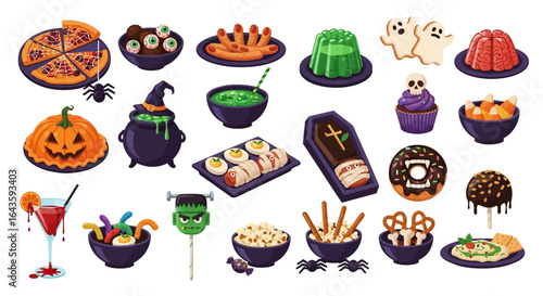 Halloween Icons Set of Ghoulishly Delicious Halloween Food Set Brain Jelly Ghost Cookies and Witchs Brew. Vector Illustrations. EPS Editable