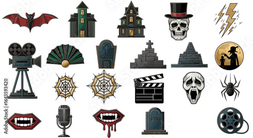 Halloween Icons Set of Gothic Cinema Icon Set Haunted Houses Vampire Fangs and Vintage Film Gear. Vector Illustrations. EPS Editable