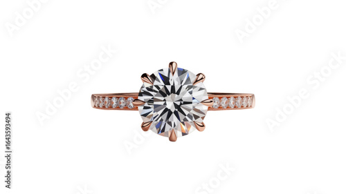 Elegant rose gold engagement ring with a large round brilliant cut diamond in a classic six-prong setting on a pavé band, isolated on white background