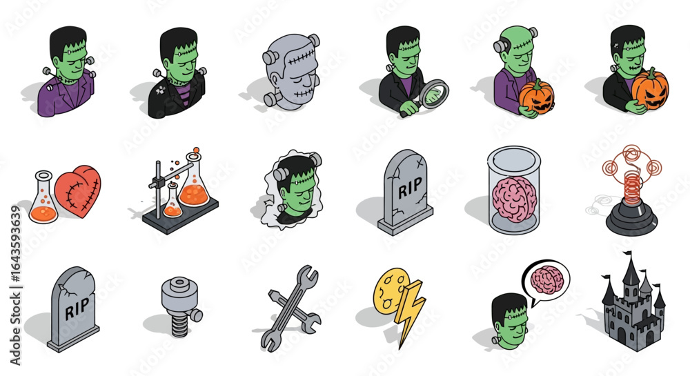 Fototapeta premium Halloween Icons Set of Isometric Frankensteins Monster Icon Set with Spooky Lab and Halloween Elements. Vector Illustrations. EPS Editable