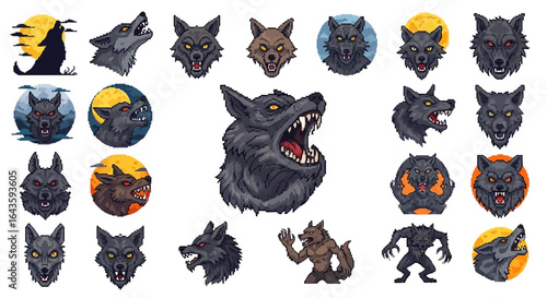 Halloween Icons Set of Howling Fury A Pixel Art Collection of Vicious Wolves and Werewolves. Vector Illustrations. EPS Editable