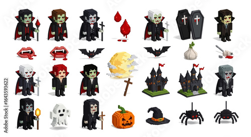 Halloween Icons Set of Isometric 3D Voxel Art Halloween Icon Set with Vampire Characters and Spooky Objects. Vector Illustrations. EPS Editable