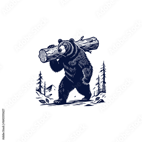 engraving style design depicts a mighty bear carrying a large log, symbolizing strength, endurance, and wilderness power