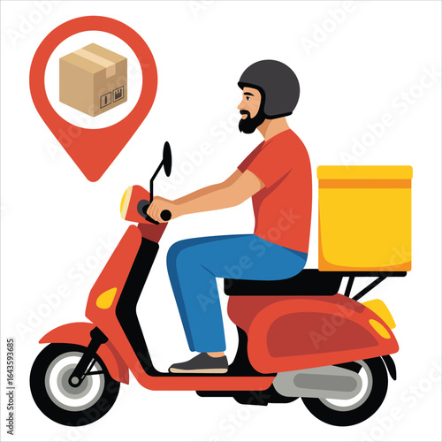 Courier riding a scooter for a fast delivery service. Man with a parcel box on a moped, representing online shopping, shipping, and logistics with a map pin icon.