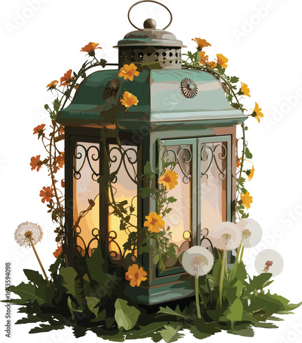 Vintage lantern with glowing light, floral decoration, rustic garden decor, spring ambiance, dandelions and yellow flowers, cozy romantic atmosphere