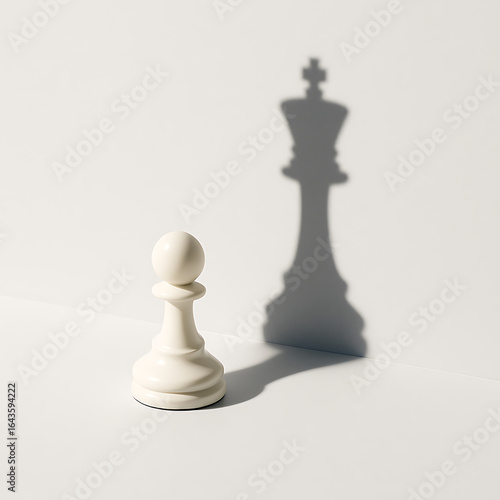 White chess pawn casting shadow of king piece on white surface symbolizing ambition and potential