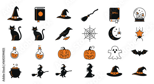 Halloween Icons Set of Modern Halloween Icon Set Witchcraft Magic and Spooky Symbols on a White Background. Vector Illustrations. EPS Editable