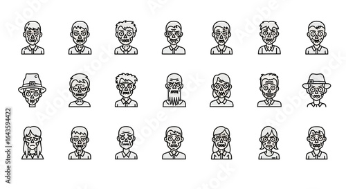 Halloween Icons Set of Modern Line Art Zombie Portraits A Diverse Collection of Undead Icons. Vector Illustrations. EPS Editable