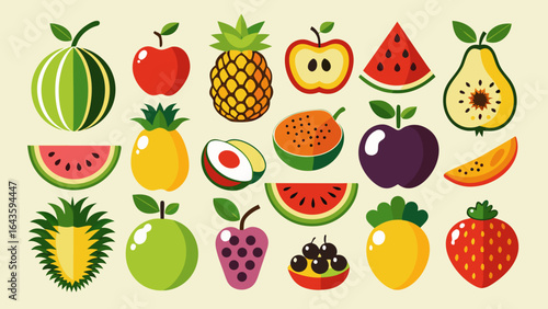 Vector art of a diverse collection of fresh fruits presented in a flat design, showcasing apples, bananas, grapes, oranges, pears, pineapples, strawberries, watermelons, and plums