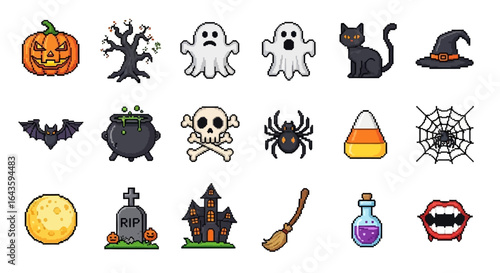 Halloween Icons Set of Pixel Art Halloween A Spooky Collection of Retro 8Bit Game Icons. Vector Illustrations. EPS Editable