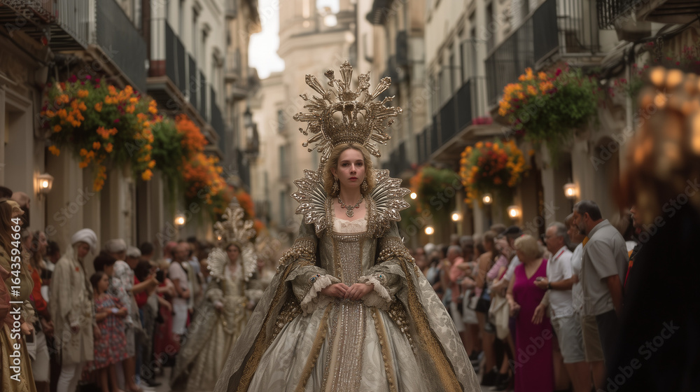 Fototapeta premium Elegant Woman in Ornate Gown Leading La Mare de Déu de la Salut Festival Parade in Historic Spanish City Streets