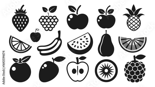Vector art of collection of various fresh fruits and berries, including strawberry, grape, apple, pear, pineapple, orange, banana, watermelon, kiwi, and raspberry, isolated on white background