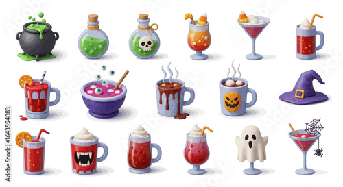 Halloween Icons Set of Playful 3D Halloween Icon Collection SpookyCute Potions Drinks and Treats. Vector Illustrations. EPS Editable