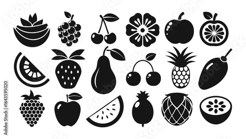 Vector art of variety of black fruit icons featuring apple, cherry, grape, strawberry, kiwi, orange, pineapple, pomegranate, raspberry, pear, and watermelon, isolated on white background